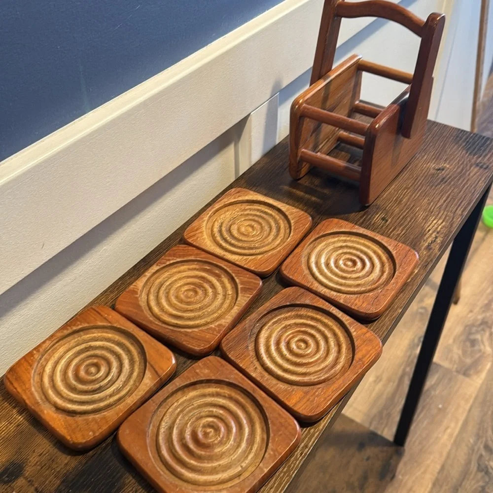 Vintage set of 6 Winsome ART MCM Square Coasters & Rack Teak Wood